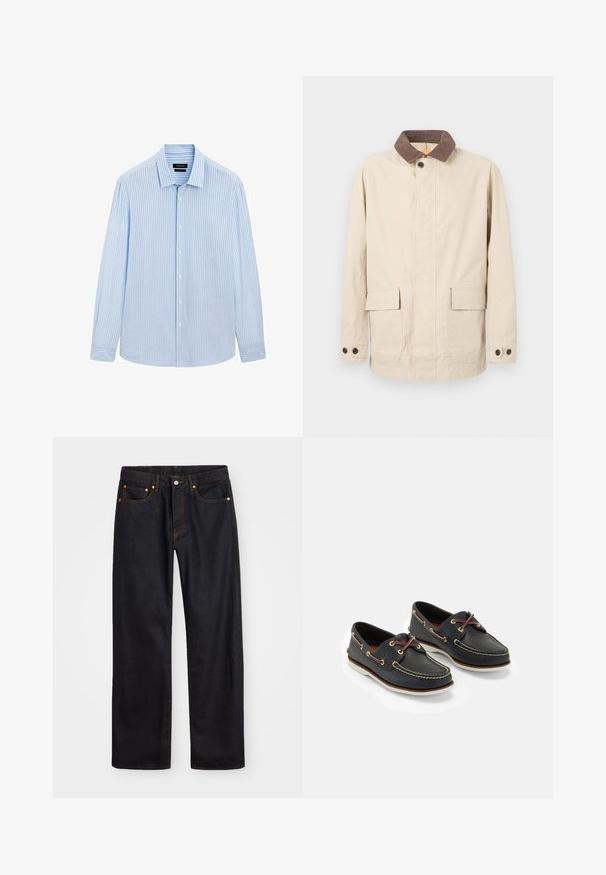 Beige Jacke aus Baumwolle mit einem braunen Cordkragen, ausgestattet mit zwei vorderen Taschen und Knopfakzenten an den Manschetten.; Hellblaues Button-up-Hemd mit vertikalen weißen Streifen, langen Ärmeln, kragenähnlichem Ausschnitt und geradem Saum. Baumwollmischgewebe.; Herren gerade geschnittene schwarze Jeans aus Denim mit fünf Taschen und orangefarbenen Nähten, Knopf- und Reißverschluss vorne am Bund.; Marineblaue Lederbootsschuhe mit gelbem Nähen, roten Schnürsenkeln und silbernen Ösen; runde Zehenform; weiße Gummisohle.