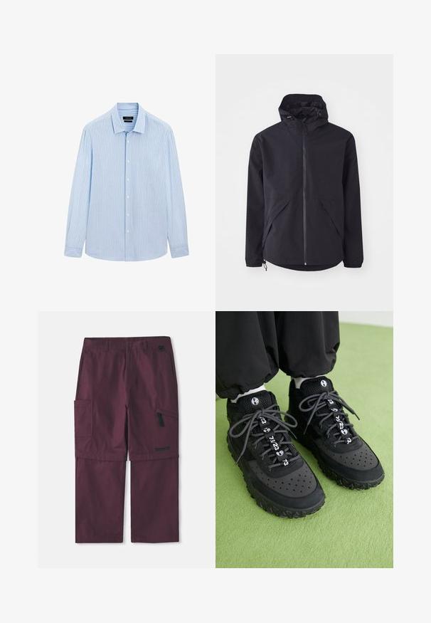 Giacca leggera nera con cappuccio, zip frontale e due tasche laterali. Presenta polsini elastici e orlo regolabile per una vestibilità aderente.; Camicia azzurra chiara con righe bianche verticali, maniche lunghe, colletto e orlo dritto. Tessuto in misto cotone.; Pantaloni cargo convertibili bordeaux con tasca laterale con zip e logo Timberland sulla gamba destra, mostrano una lunghezza gamba estesa.; Le sneakers nere presentano un mix di materiali in pelle e rete, una suola in gomma testurizzata, perforazioni prominenti e lacci decorati con motivi numerici.