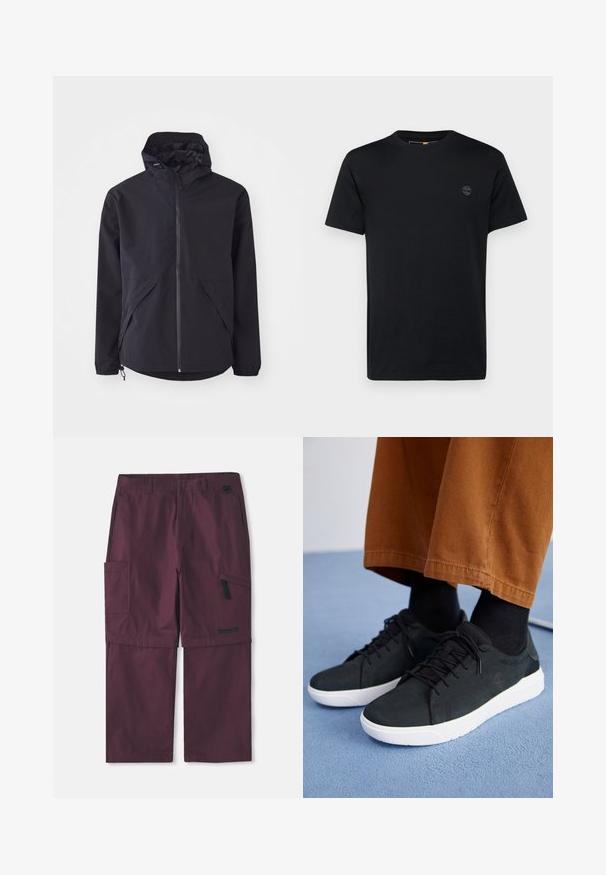 Melnā vieglā jaka ar kapuci, priekšējo rāvējslēdzēju un divām sānu kabatām. Iezīmējas ar elastīgām piedurknēm un regulējamu apakšmali, lai nodrošinātu ciešu piegulšanu.; Melna kokvilnas T-krekls ar apaļu apkakli, īsām piedurknēm un mazu izšūtu logo uz krūšu. Gluda tekstūra, klasiskā piegriezuma.; Burgundijas krāsas cargo konvertējamās bikses ar sānu rāvējslēdzēja kabatu un Timberland logo uz labās kājas, attēlots pagarināts iekšējais šuves garums.; Melnas zamšādas kedas ar baltām gumijas zolēm, ar saistāmām auklām, tekstūrētām detaļām un diskrētu zīmolu, apvienotas ar brūniem biksēm.