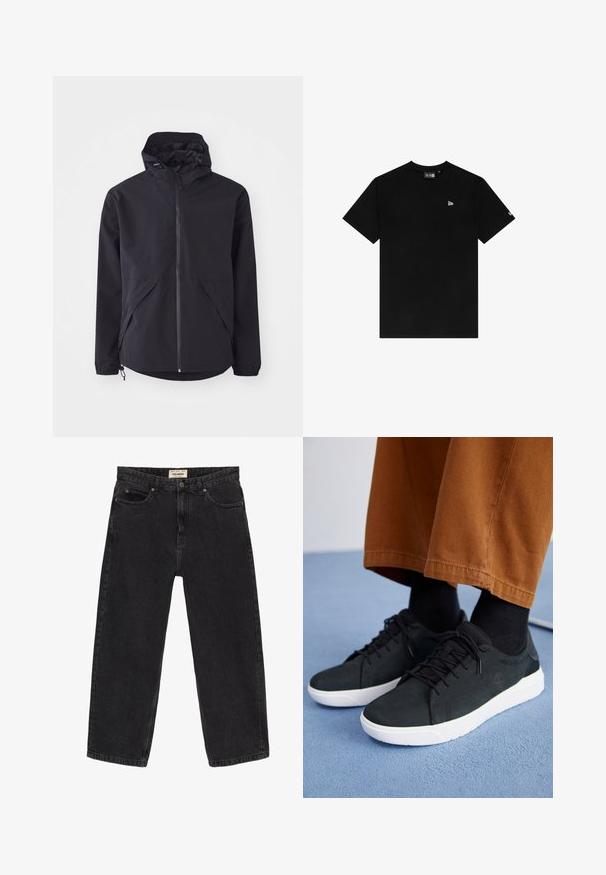Fekete könnyű dzseki kapucnival, elülső cipzárral és két oldalsó zsebbek. Rugalmas mandzsettákkal és állítható aljjal a kényelmes illeszkedés érdekében.; Fekete pamut póló, kerek nyakkal, rövid ujjú, bal mellen egy kis fehér logóval, további minták vagy díszítések nélkül.; Fekete denim farmer, laza szabással. Öt zseb, elöl gombos záródás és varrási részletek jellemzik. Enyhe fakulású textúra.; Fekete velúrbőr sneaker fehér gumitalppal, fűzős dizájnnal, texturált részletekkel és diszkrét márkázással, barna nadrággal párosítva.