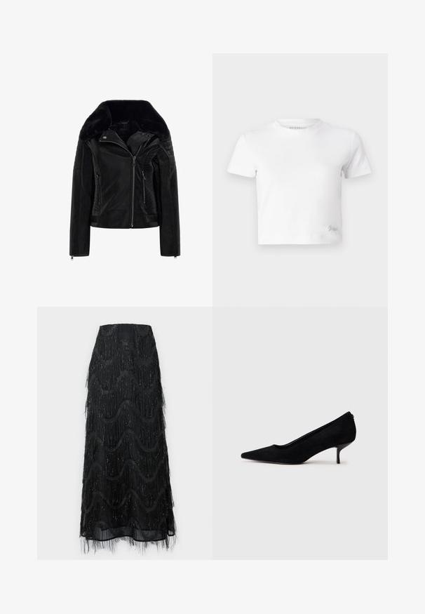 Must must see särk, millel on kunstkarusnahast kaelus, lukuga sulgemine, soonikkoes detailid varrukatel ja küljetaskud. Sile ja tekstureeritud viimistlus.; Valge lühike t-särk, mis on valmistatud siledast puuvillast, kõrge kaelusega ja lühikeste varrukatega. Väike tikand logoga alumises nurgas.; Must mustriga seelik, mis sisaldab kihilisi frange ja laine mustreid. Valmistatud läbipaistvast materjalist, mille servades on säravad detailid.; Must musta kõrge kontsaga king, millel on terav varvas ja õhuke, madal konts. Sile tekstuur ja sujuv disain, ilma nähtava riistvarata.