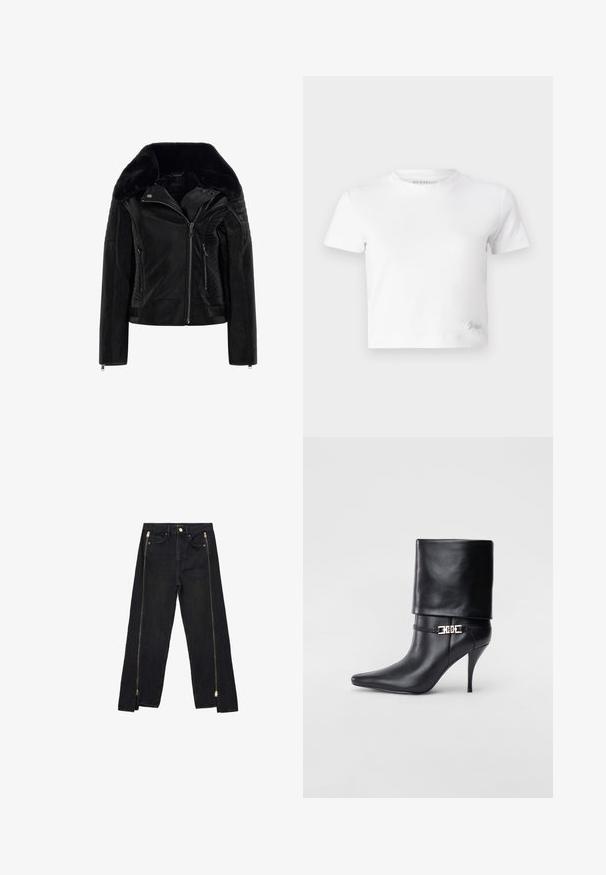 Jachetă din piele neagră cu guler din blană sintetică, închidere cu fermoar, detalii cu nervuri pe mâneci și buzunare laterale. Finisaje netede și texturate.; Tricou alb scurt, realizat din bumbac neted, cu gât înalt și mâneci scurte. Logo mic brodat în colțul de jos.; Jeans negri din denim cu un design dreaptă, având fermoare aurii pe laterale și buzunare standard la talie.; Botine negre din piele, cu vârf ascuțit, toc înalt și subțire, cu manșetă pliată și un detaliu decorativ cu cataramă aurie la gleznă.