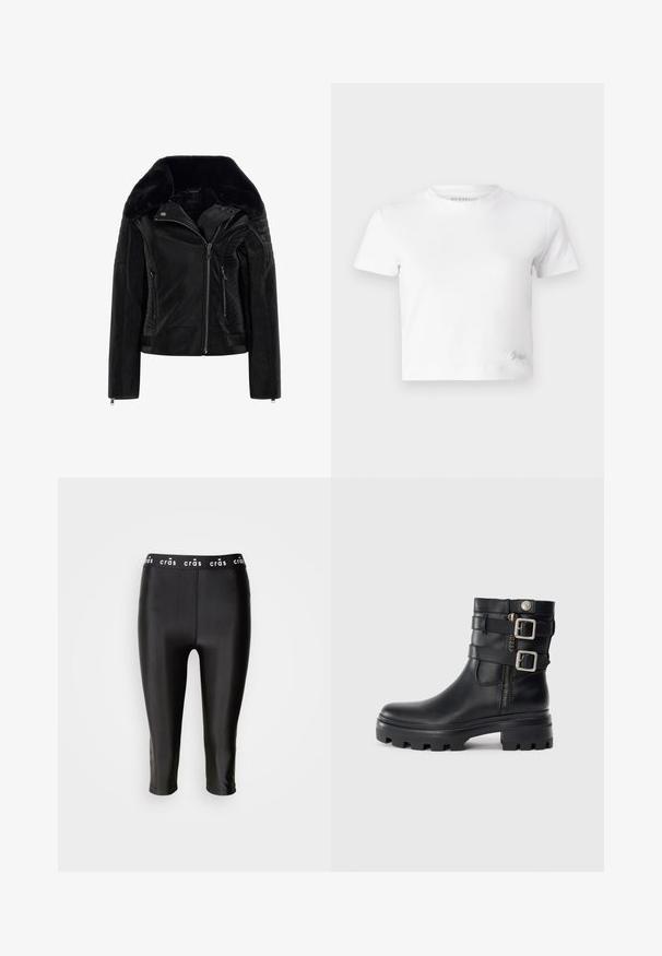 Čierna kožená bunda s umelou kožušinou na golieri, s uzáverom na zips, rebrovanými detailmi na rukávoch a bočnými vreckami. Hladké a textúrované povrchy.; Biely croptop vyrobený z hladkej bavlny, s vysokým výstrihom a krátkymi rukávmi. Malé vyšívané logo v dolnom rohu.; Čierne skrátené legíny s lesklým povrchom, so širokým pásom so značkou "crās" a hladkou textúrou. Žiadne viditeľné švy ani vzory.; Čierne kožené členkové topánky s dvojitými prackami, zipsom, masívnou podrážkou a hladkým povrchom. Vyznačujú sa robustným a štýlovým dizajnom.