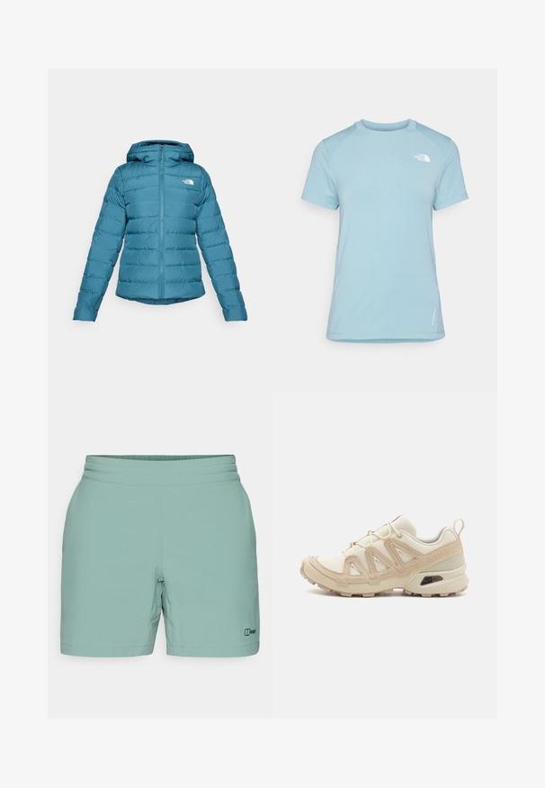 Zelena puhovka z zadrgo spredaj in kapuco, ki vsebuje prešite podrobnosti ter logo na levem prsnem delu. Gladka tekstura in lahka zasnova.; Svijetloplava majica kratkih rukava s okruglim izrezom. Ima mekanu tkaninu, raglan rukave i bijeli logo na gornjem lijevom dijelu prsiju.; Svetlozeleni kratki hlače iz mehkega blaga, z gladkim pasom in majhnim črnim logotipom na spodnji strani. Preprost, funkcionalen dizajn.; Bež in krem športni čevlji z teksturiranim mrežastim zgornjim delom, podpornimi prekrivali in gumijastim podplatom z vzorcem za oprijem.
