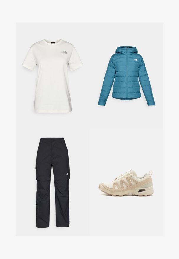 Teal pufferjack met een ritssluiting aan de voorkant en een capuchon, voorzien van doorstikking en een logo op de linkerkant van de borst. Soepele textuur en lichtgewicht ontwerp.; Crème katoenen t-shirt met korte mouwen, ronde halslijn en een klein groen logo op de linkerborst. Glad texture, casual fit.; Zwarte nylon cargo broek met afneembare pijpen, verstelbare manchetten, meerdere zakken en een logo op het rechterbeen. Gladde, lichte textuur.; Beige en crème sportschoen met een textuur-mesh bovenwerk, ondersteunende overlays en een rubberen zool met een profielpatroon voor grip.