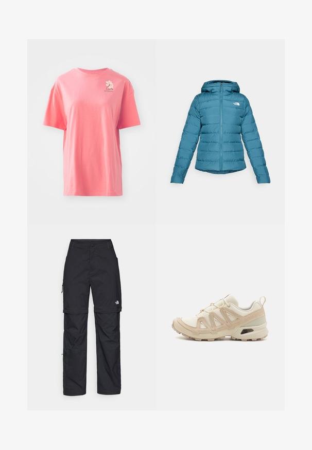 Teal pufferjack met een ritssluiting aan de voorkant en een capuchon, voorzien van doorstikking en een logo op de linkerkant van de borst. Soepele textuur en lichtgewicht ontwerp.; Korte mouwen, koraalroze t-shirt van katoen met een ronde halslijn. Heeft een klein wit logo op het bovenste gedeelte van de linkerborst.; Zwarte nylon cargo broek met afneembare pijpen, verstelbare manchetten, meerdere zakken en een logo op het rechterbeen. Gladde, lichte textuur.; Beige en crème sportschoen met een textuur-mesh bovenwerk, ondersteunende overlays en een rubberen zool met een profielpatroon voor grip.