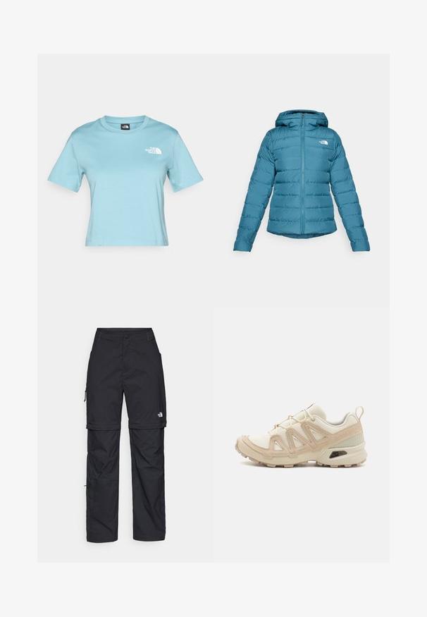 Vihreä puffer-takki, jossa on vetoketjullinen etumus ja huppu. Takissa on päällikankaan yksityiskohtia ja logo vasemmassa rinnassa. Sileä tekstuuri ja kevyt muotoilu.; Vaaleansininen puuvillainen T-paita, jossa on lyhyet hihat ja pyöreä kaula-aukko. Edessä pieni valkoinen logo rinnan kohdalla ja rento istuvuus.; Mustat nailonista valmistetut irrotettavat cargo-housut säädettävillä lahkeilla, useilla taskuilla ja logolla oikeassa jalassa. Liukas, kevyt rakenne.; Beige ja kreemi värvi sportlikud jalanõud, millel on tekstiilne mesh ülemine osa, toetavad ülekatted ja kummist tald, millel on mustripattern haardeks.