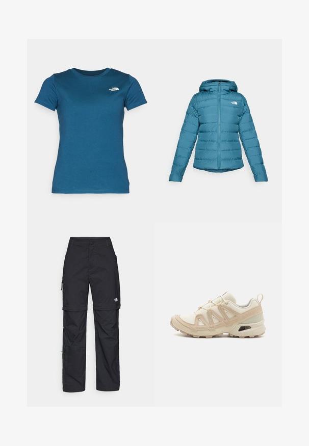 Giacca a vento teal con zip frontale e cappuccio, caratterizzata da dettagli trapuntati e un logo sul lato sinistro del petto. Texture morbida e design leggero.; The North Face W SS SD SLIM TEE - T-shirt basic - midnight petrol; Pantaloni cargo in nylon nero con zip rimovibile, polsini regolabili, molteplici tasche e un logo sulla gamba destra. Tessuto liscio e leggero.; Scarpa atletica beige e crema con tomaia in mesh testurizzato, sovrapposizioni supportive e suola in gomma con un motivo a tasselli per la trazione.