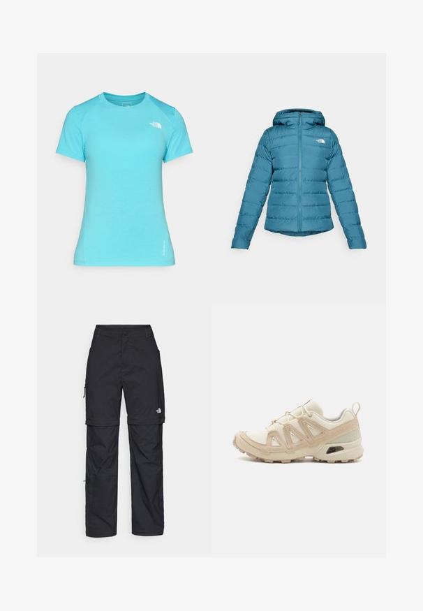 Chaqueta acolchada color verde azulado con cierre delantero y capucha, que presenta un diseño acolchado y un logotipo en el lado izquierdo del pecho. Textura suave y diseño ligero.; Camiseta de manga corta azul claro hecha de tejido suave, con un cuello redondo y un pequeño logo blanco en la parte superior izquierda.; Pantalones cargo de nailon negro con cremallera desmontable, puños ajustables, múltiples bolsillos y un logotipo en la pierna derecha. Textura suave y ligera.; Zapatilla deportiva beige y crema con parte superior de malla texturizada, superposiciones de soporte y suela de goma con un patrón de tracción.