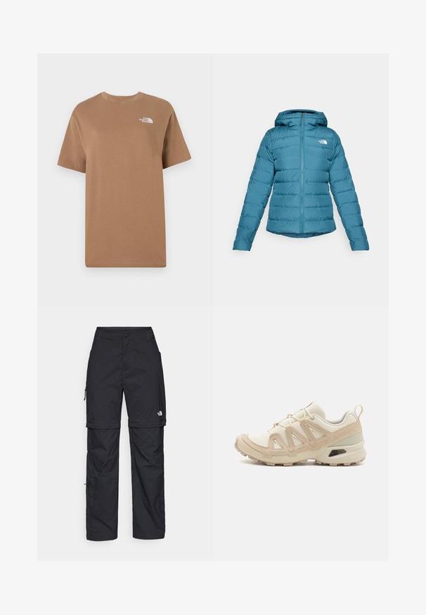 Sötétkék puffertakó, cipzáros elülső résszel és kapucnival, steppelt részletekkel és logóval a bal mellen. Sima felület és könnyű kialakítás.; Barna pamut póló rövid ujjakkal és kerek nyakkivágással. Egy apró fehér logó található a bal felső mellkas részén.; Fekete nylon zipzáras cargo nadrág állítható mandzsettával, több zsebbel és logóval a jobb lábon. Simább, könnyű textúra.; Beige és krém színű sportcipő, texturált hálós felsőrésszel, támogató burkolattal és gumitalppal, amely tapadás érdekében bordázott mintázattal rendelkezik.