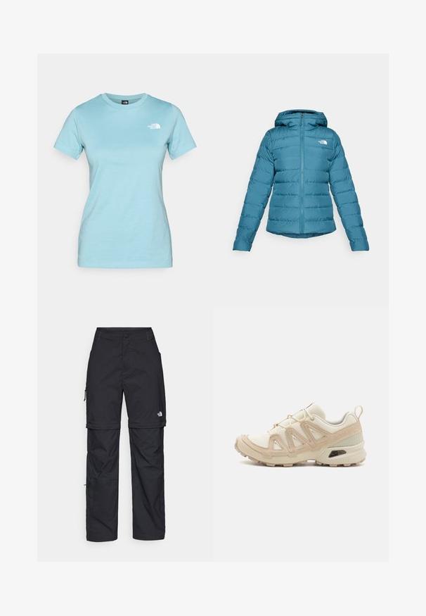 Chaqueta acolchada color verde azulado con cierre delantero y capucha, que presenta un diseño acolchado y un logotipo en el lado izquierdo del pecho. Textura suave y diseño ligero.; Camiseta de algodón azul claro con mangas cortas y cuello redondo; presenta un pequeño logo blanco en la parte superior izquierda del pecho.; Pantalones cargo de nailon negro con cremallera desmontable, puños ajustables, múltiples bolsillos y un logotipo en la pierna derecha. Textura suave y ligera.; Zapatilla deportiva beige y crema con parte superior de malla texturizada, superposiciones de soporte y suela de goma con un patrón de tracción.