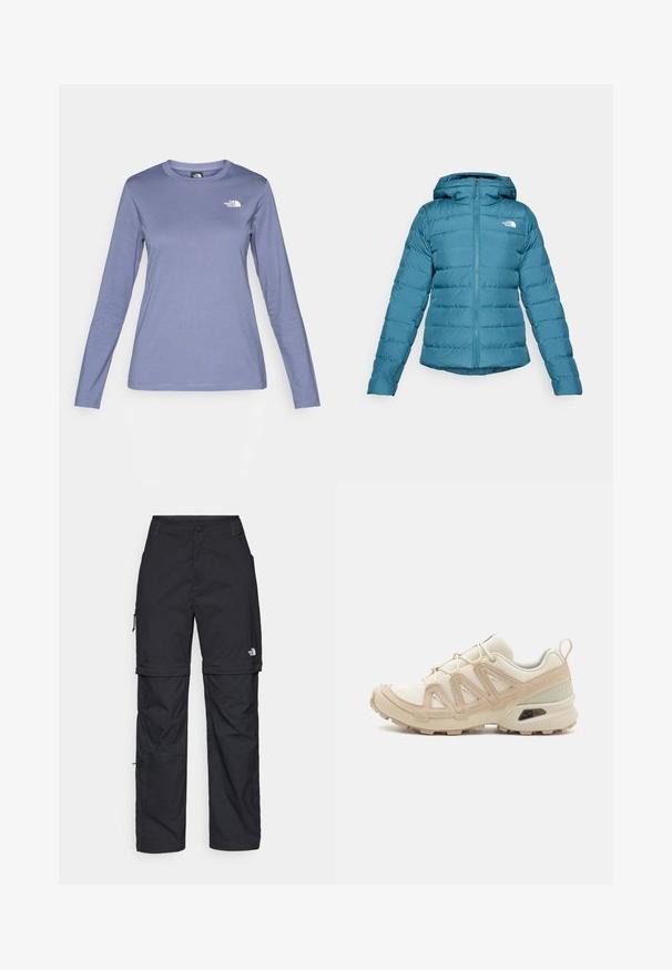 Vihreä puffer-takki, jossa on vetoketjullinen etumus ja huppu. Takissa on päällikankaan yksityiskohtia ja logo vasemmassa rinnassa. Sileä tekstuuri ja kevyt muotoilu.; Pitkähihainen paita vaaleanliilasta kankaasta, jossa on pyöreä kaula-aukko ja valkoinen The North Face -logo vasemmalla rinnalla. Sujuva tekstuuri, rento istuvuus.; Mustat nailonista valmistetut irrotettavat cargo-housut säädettävillä lahkeilla, useilla taskuilla ja logolla oikeassa jalassa. Liukas, kevyt rakenne.; Beige ja kreemi värvi sportlikud jalanõud, millel on tekstiilne mesh ülemine osa, toetavad ülekatted ja kummist tald, millel on mustripattern haardeks.