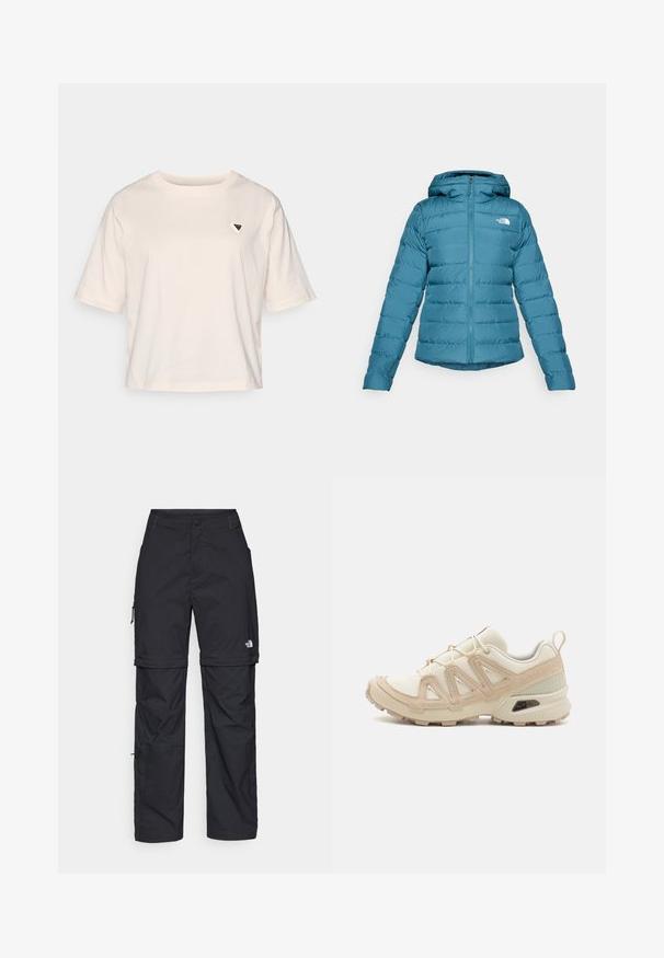 Giacca a vento teal con zip frontale e cappuccio, caratterizzata da dettagli trapuntati e un logo sul lato sinistro del petto. Texture morbida e design leggero.; T-shirt cropped beige chiaro realizzato in cotone. Presenta maniche corte e un piccolo logo triangolare sul lato sinistro del petto. Design semplice, vestibilità rilassata.; Pantaloni cargo in nylon nero con zip rimovibile, polsini regolabili, molteplici tasche e un logo sulla gamba destra. Tessuto liscio e leggero.; Scarpa atletica beige e crema con tomaia in mesh testurizzato, sovrapposizioni supportive e suola in gomma con un motivo a tasselli per la trazione.