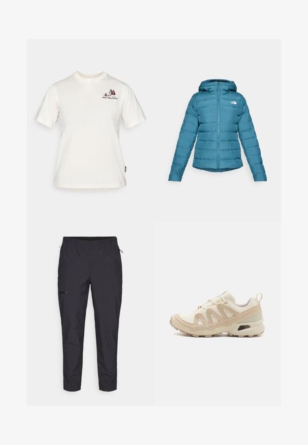 Zelena puhovka z zadrgo spredaj in kapuco, ki vsebuje prešite podrobnosti ter logo na levem prsnem delu. Gladka tekstura in lahka zasnova.; Jack Wolfskin CADENA - Potiskana majica - white; Jack Wolfskin PRELIGHT TRAIL - Hlače za na prostem - black; Bež in krem športni čevlji z teksturiranim mrežastim zgornjim delom, podpornimi prekrivali in gumijastim podplatom z vzorcem za oprijem.