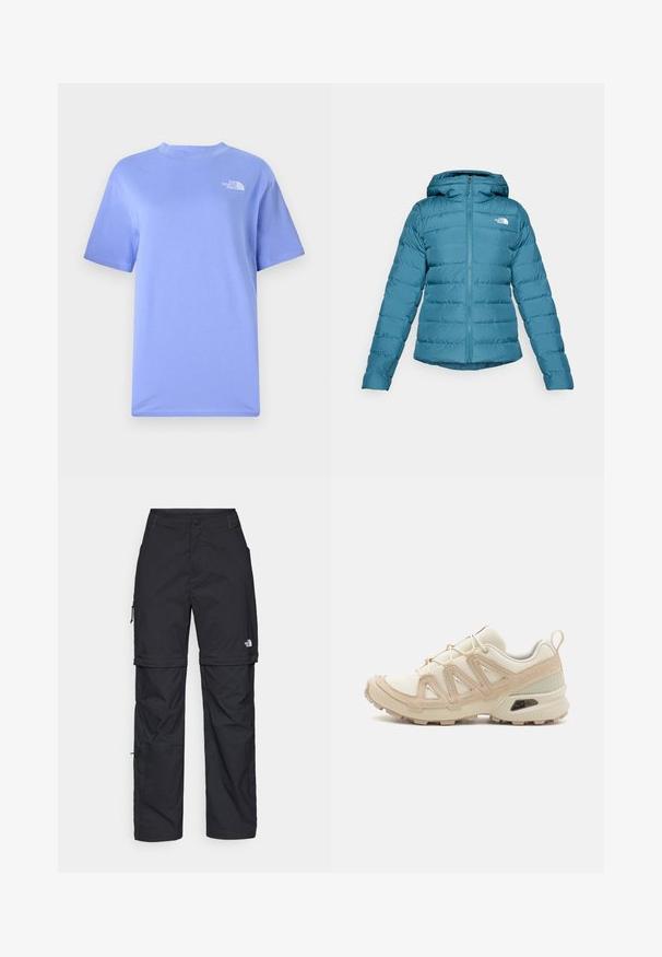 Teal pufferjakke med glidelås foran og hette, med quilted detaljer og logo på venstre bryst. Glatt tekstur og lett design.; Lyseblå kortermet t-skjorte laget av bomull, med rund hals og en liten hvit logo på øvre venstre bryst.; Svarte nylon cargo-bukser med glidelås og justerbare mansjetter, flere lommer og en logo på høyre bein. Glatt, lett tekstur.; Beige og krem joggesko med teksturert mesh-overdel, støttende overlegg og gummisåle med et mønster for godt grep.