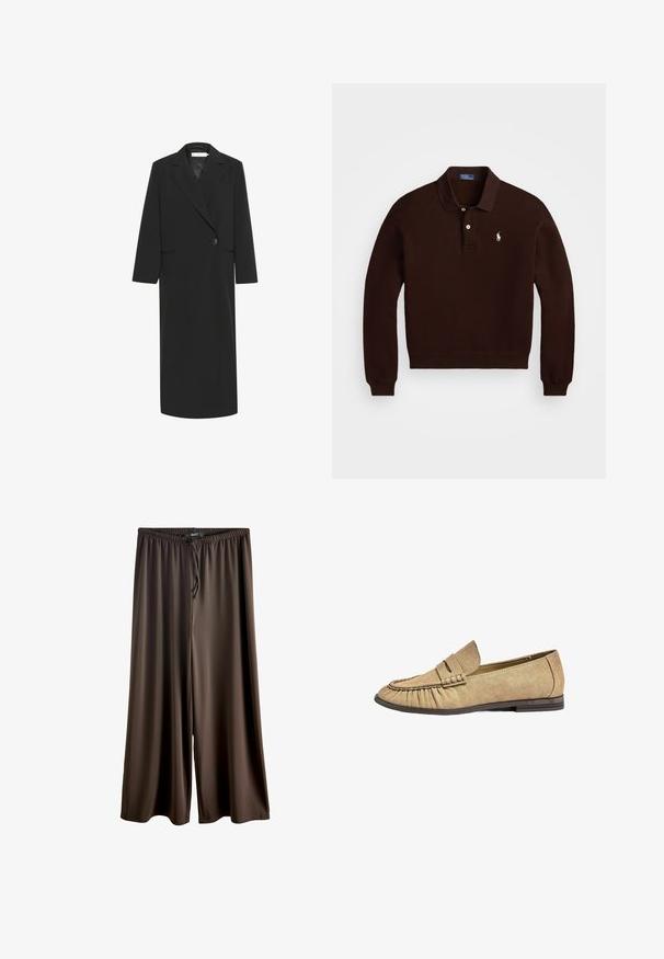 Black long blazer made of smooth fabric, featuring a lapel collar, single button closure, and two side pockets. Straight-cut sleeves and hem.; Brown pullover sweater with a polo collar, long sleeves, and two-button placket. Features a small white horse logo on the left side.; Brown wide-leg trousers made of smooth, lightweight fabric. Features an elastic waistband with a drawstring for adjustable fit.; Beige textile loafers with a rounded toe, pleated detailing, and a flat rubber sole. Features a raised strap across the vamp.
