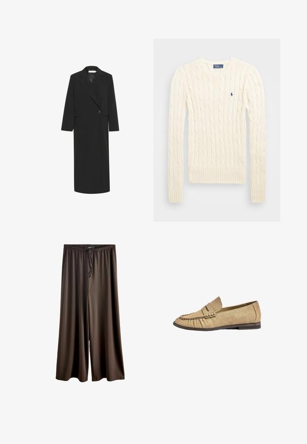 Black long blazer made of smooth fabric, featuring a lapel collar, single button closure, and two side pockets. Straight-cut sleeves and hem.; Cream cable-knit sweater with long sleeves, ribbed cuffs and hem, featuring a small embroidered logo on the left chest.; Brown wide-leg trousers made of smooth, lightweight fabric. Features an elastic waistband with a drawstring for adjustable fit.; Beige textile loafers with a rounded toe, pleated detailing, and a flat rubber sole. Features a raised strap across the vamp.