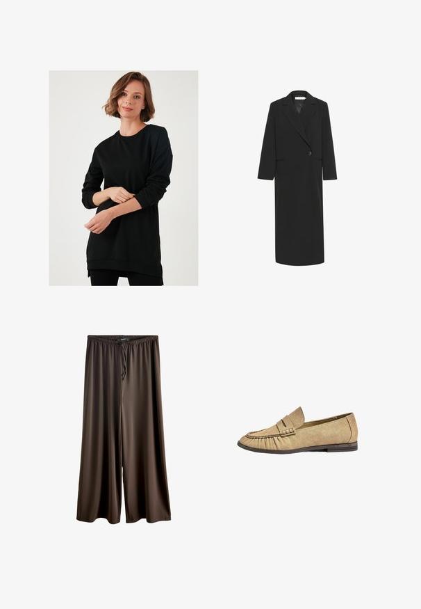Černý dlouhý blazer vyrobený z hladké tkaniny, s klopovým límečkem, zapínáním na jeden knoflík a dvěma bočními kapsami. Rukávy a lem rovného střihu.; Černá dlouhá tunika s dlouhým rukávem vyrobená z měkkého materiálu, s kulatým výstřihem, volným střihem a bočními rozparky na lemu pro snadnější pohyb.; Hnědé široké kalhoty vyrobené z hladké, lehké látky. Mají elastický pas s šňůrkou pro nastavení velikosti.; Beige textilní mokasíny s kulatou špičkou, skládáním na povrchu a plochou gumovou podrážkou. Obsahují zvýšený pásek přes nárt.