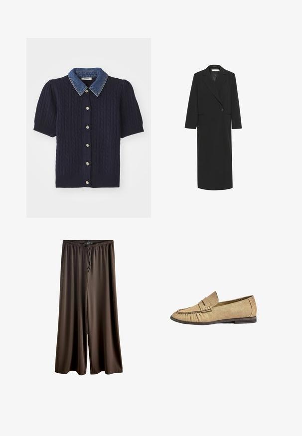 Juodas ilgas švarkas, pagamintas iš lygaus audinio, su atvartais, vienu mygtuko uždarymu ir dviem šoniniais kišenėmis. Tiesios formos rankovės ir apatinė dalis.; Tamsiai mėlynas megztinis su trumpomis pūkuotomis rankovėmis, su džinsiniu apykakle ir auksinėmis sagutėmis priekyje. Visas megztinis su kabelių raštu.; Rudos plačios kojinės kelnės, pagamintos iš lygaus, lengvo audinio. Turėti elastingą juosmenį su raišteliu, leidžiančiu reguliuoti dydį.; Bežiniai tekstiliniai loaferiai su apvalia nosimi, raukšlėtomis detalėmis ir plokščiu guminiu padu. Yra pakelta juostelė per priekį.