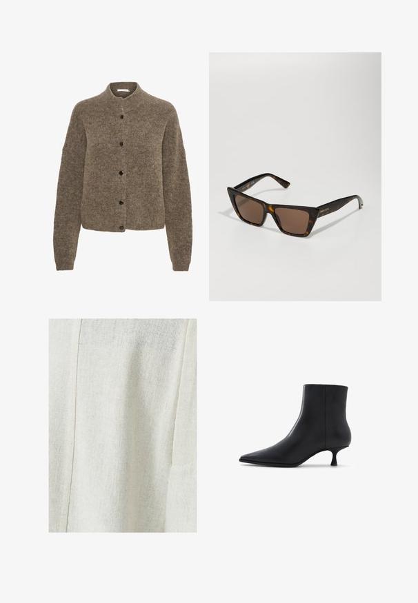 Brązowy zamszowy trencz zapinany na podwójne guziki, z dużymi guzikami, naramiennikami i szerokimi rękawami, nałożony na szary sweter z dzianiny.; Brązowy kardigan wykonany z miękkiego materiału, z okrągłym dekoltem, długimi rękawami i czarnymi guzikami z przodu.; Biała koszulka z bawełny, z krótkimi rękawami i okrągłym dekoltem. Charakteryzuje się luźnym krojem oraz minimalistycznym stylem, bez wzorów i dodatków.; Jasno beżowa tkanina lniana z teksturowanym wzorem, wyposażona w detal szwu oraz kieszeń boczną. Gładkie wykończenie z subtelnym splotem.; ALDO EMMALIE czarny; Okulary przeciwsłoneczne w wzór tortoishell z geometrycznym kocim kształtem i brązowymi szkiełkami. Zawierają złote akcenty i gładką plastikową strukturę.; DRAGON DIFFUSION ROSANNA ciemnobrązowy; Złote kolczyki w kształcie węzła z spiralnym wzorem, o gładkiej, błyszczącej teksturze i zaokrąglonym kształcie.