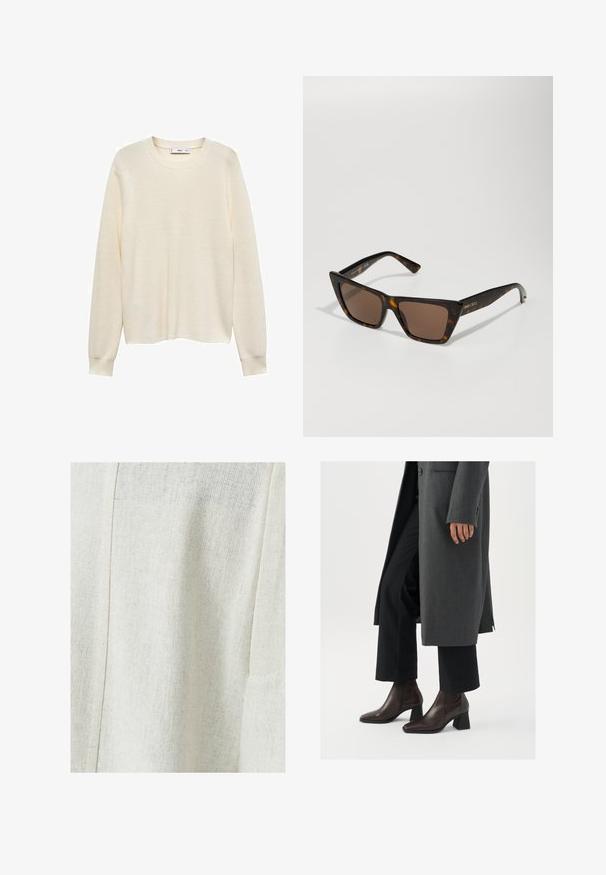 Brauner Wildleder, doppelt geknöpfter Trenchcoat mit großen Knöpfen, Schulterriemchen und weiten Ärmeln, über einem grauen Strickpullover getragen.; Hellbeiger Strickpullover mit langen Ärmeln, rundem Halsausschnitt und gerippten Bündchen. Die Textur wirkt weich und ist lockerer gewebt.; Helles beige Leinengewebe mit einem strukturierten Muster, das eine Nahtdetail und eine Seitentasche aufweist. Glatte Oberfläche mit feiner Webart.; Dunkelbraune Leder-Ankel-Boots mit Absatz, spitz zulaufender Zehenpartie und Blockabsatz, kombiniert mit schwarzen Hosen und einem grauen Mantel.; Sonnenbrille aus Schildpatt mit einem geometrischen Katzenaugen-Design und braun getönten Gläsern. Merkmale sind goldene Hardware-Akzente und eine glatte Kunststoffoberfläche.; DRAGON DIFFUSION ROSANNA - Handtasche - dark brown