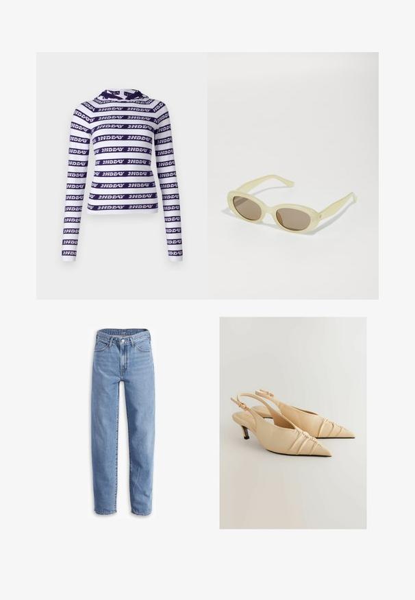 Pruunis sametist kahe ridadega trenscoat suurte nööpidega, õlavarre epaulettide ja laiade varrukatega, kihtide kaupa halli kudumi särk.; Valge pika varrukaga lühike top tumesiniste horisontaalsete triipudega, millel on korduv tekst "2NDDAY." Pehme, veniv kangas, millel on kapuuts.; Heledad sinised teksad, mis on valmistatud denimist, lõdva istuvuse, sirgete sääreosade, viie tasku disaini ning kulunud äärtega, et saavutada rahulik välimus.; Bež nahkased sussid kõrgenenud seljaga, terava varba ja kokku ristetud tekstuuri detailiga. Omab madalat kand ja reguleeritavat pahkluu rihma.; Ovaalsed prillid, millel on läbipaistev helekollane raam ja pruunid läätsed. Omavad sileda tekstuuri ja peeneid detailide aktsente külgedel.