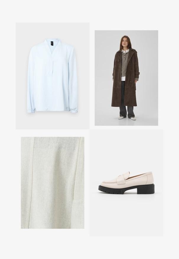 Brun ruskinds dobbeltknappet trench coat med store knapper, skulderklapper og brede ærmer, lagdelt over en grå striktrøje.; Lyseblå langærmet top med V-hals, fremstillet af blødt stof. Har rynkede manchetter og en lille logodetalje ved kanten.; Hvid bomuld t-shirt med korte ærmer, rund hals og en glat tekstur. Bagsiden er ensfarvet uden ekstra mønstre eller designs.; Lys beige linned stof med et struktureret mønster, der har en sømdetalje og en sidelomme. Glat overflade med en subtil vævning.; Lys beige læder loafers med en syet front og en tekstureret sort platformhæl. Har et buet design og en let hævning.