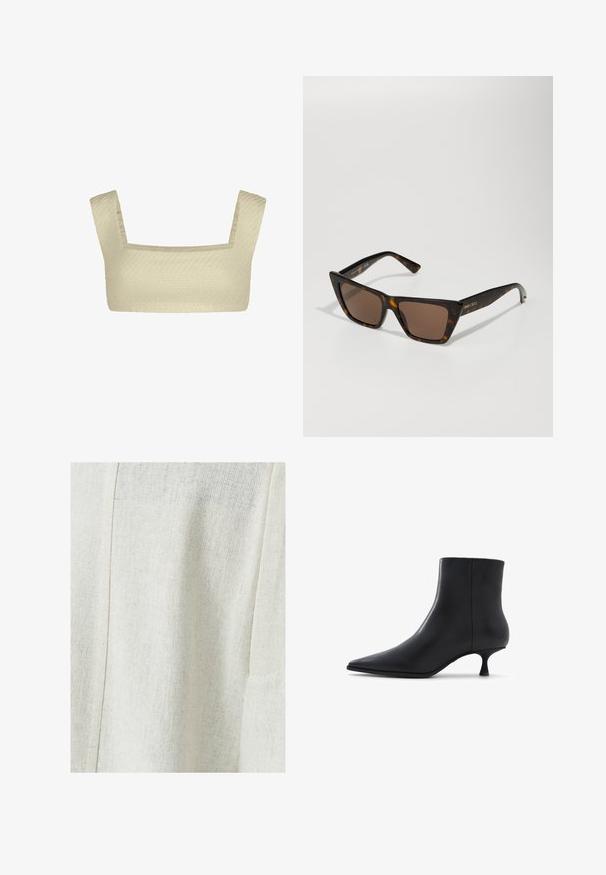 Brauner Wildleder, doppelt geknöpfter Trenchcoat mit großen Knöpfen, Schulterriemchen und weiten Ärmeln, über einem grauen Strickpullover getragen.; Cremfarbener BH mit einem strukturierten, gewebten Muster. Quadrat-Ausschnitt und breite Träger sorgen für ein strukturiertes Design. Glatte Innenseite.; Helles beige Leinengewebe mit einem strukturierten Muster, das eine Nahtdetail und eine Seitentasche aufweist. Glatte Oberfläche mit feiner Webart.; ALDO EMMALIE - Stiefelette - black; Sonnenbrille aus Schildpatt mit einem geometrischen Katzenaugen-Design und braun getönten Gläsern. Merkmale sind goldene Hardware-Akzente und eine glatte Kunststoffoberfläche.; DRAGON DIFFUSION ROSANNA - Handtasche - dark brown; Goldene Knotenohrstecker mit spiralförmigem Design, das eine glatte, glänzende Textur und eine abgerundete Form aufweist.