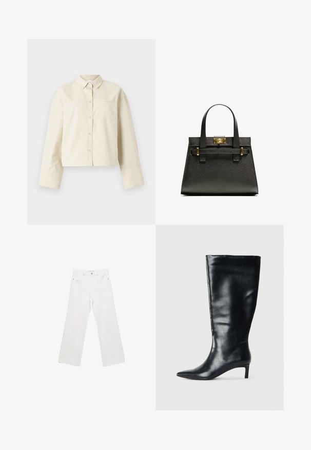 Ruskea mokkanahkainen kaksirivinen trenssi, jossa on suuret napit, olkatoppaukset ja leveät hihat, käytettuna harmaan neulepaidan päällä.; Lyhyt, vaaleanbeige puuvillapaita, jossa on terävä kaulus, edessä napitus ja yksi rintatasku hillityllä logolla.; Valkoiset farkkukankaiset leveälahkeiset housut, joissa on klassinen viisi-taskumalli, metalliosat ja kontrastivärinen ompelu. Sujuva pinta ja rento istuvuus.; Musta nahkainen polven yli ulottuva saapas, jossa on terävä kärki ja matala kitten-korko, vaalealla taustalla.; Musta tekstuuriline ostukott lühikeste käepidemetega, millel on kuldne lukustus ja aktsendid. Kujundus on struktureeritud koos geomeetrilise siluetiga.; Kultaiset nappikorvakorut, joissa on sileä, pyöreä muoto ja heijastava pinta, esittelevät minimalistista muotoilua ilman näkyviä kuvioita.