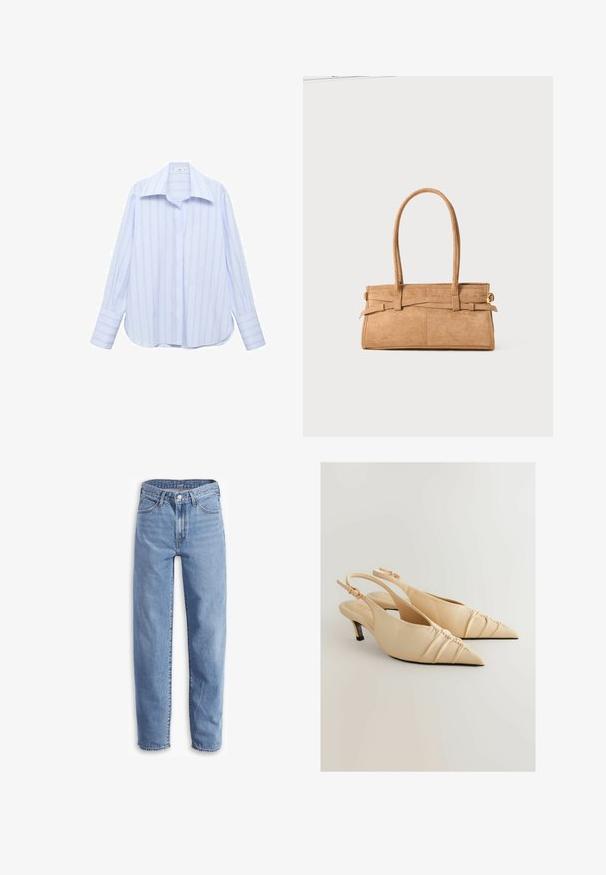 Brązowy zamszowy trencz zapinany na podwójne guziki, z dużymi guzikami, naramiennikami i szerokimi rękawami, nałożony na szary sweter z dzianiny.; Jasnoniebieska koszula z długim rękawem w pionowe białe paski, z wywijanym kołnierzykiem i zapięciem na guziki. Posiada luźny krój i mankiety z zapięciem.; Jasnoniebieskie dżinsy z denimu o luźnym kroju, prostych nogawkach, pięciu kieszeniach i postrzępionych końcach dla swobodnego wyglądu.; Beżowe skórzane sandały na obcasie typu slingback z wąskim noskiem i marszczonym detalem. Posiadają niski obcas i regulowany pasek na kostkę.; Torebka z brązowego zamszu z dwoma długimi uchwytami, prostokątnym kształtem i dekoracyjnym przeszyciem. Posiada boczny pasek oraz subtelne akcenty w kolorze złotym.