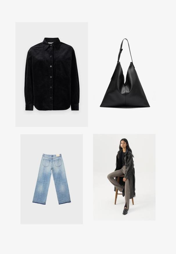 Hnedý semišový dvojradový trenčkot s veľkými gombíkmi, ramennými epauletmi a širokými rukávmi, preložený cez šedý pletený sveter.; Čierna kordurová košeľa s dlhým rukávom, gombíkmi na prednej strane, jedným vreckom na hrudi a špicatým golierom na bielom pozadí.; Biele krátke tričko s krátkym rukávom vyrobené z bavlny; má voľný strih, okrúhly výstrih a žiadne viditeľné vzory alebo akcenty.; Svetlo modré nohavice s širokými nohavicami a vyblednutým dizajnom, s dvoma zadnými vreckami a prešitým lemom. Vyrobené z denimu.; Čierny kožený trenčkot s gombíkmi a detailom pásu, v kombinácii so svetlohnedými priliehavými nohavicami a čiernymi mokasínami, posadený na drevenej stoličke.; Čierna kožená trojuholníková kabelka s jedným nastaviteľným ramenným popruhom a mäkkou, mierne zloženou štruktúrou.
