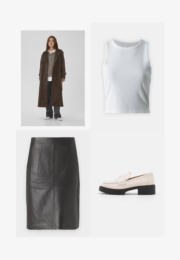 Manteau trench croisé en suède marron avec de grands boutons, épaulettes et manches larges, superposé sur un pull en tricot gris.; Débardeur blanc côtelé avec un décolleté rond et sans manches, présentant un ourlet droit et une texture lisse et extensible.; Jupe en cuir noir avec une texture lisse, présentant des coutures verticales et un design droit. Aucun matériel ou accent visible.; Mocassins en cuir beige clair avec un devant cousu et un talon platform texturé noir. Présente un design incurvé et une légère élévation.