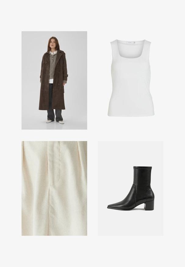 Cappotto trench doppiopetto in suede marrone con grandi bottoni, epaulettes sulle spalle e maniche larghe, indossato su un maglione di maglia grigia.; Top bianco senza maniche con scollatura quadrata, texture liscia e design aderente. Realizzato in tessuto leggero.; WILLA MIMIE MIDI - Gonna a pieghe - natural; Stivale alla caviglia nero in pelle liscia, con punta appuntita, tacco a blocco e cuciture raccolte distintive lungo il bordo superiore.