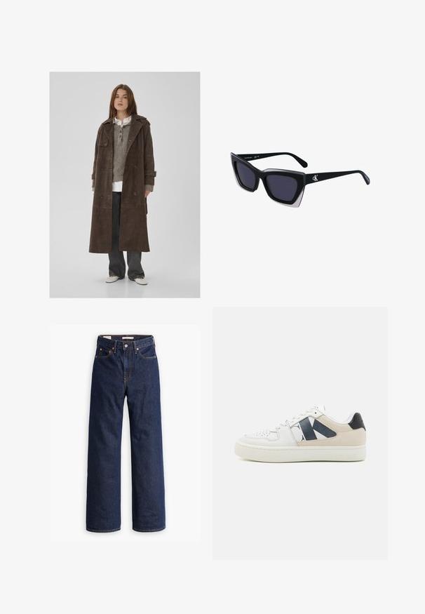 Cappotto trench doppiopetto in suede marrone con grandi bottoni, epaulettes sulle spalle e maniche larghe, indossato su un maglione di maglia grigia.; Canotta nera in tessuto a coste, con scollatura a barca e forma aderente. Cuciture piatte e senza decorazioni. Design semplice ed elegante.; Jeans in denim blu scuro a gamba dritta con cinque tasche, cuciture arancioni e chiusura con bottoni.; Sneakers bianchi con accenti blu navy e beige. Pelle liscia con perforazioni sulla punta, con un logo ben visibile sul lato. Suola in gomma.; Occhiali da sole oversize neri dalla forma geometrica, con lenti scure e un dettaglio grigio a contrasto sulla montatura. Logo sul braccio.; Borsa a tracolla in pelle nera con forma hobo, caratterizzata da una superficie liscia, parte superiore arrotondata e dettagli in metallo dorato.; Orecchini in metallo argentato con forma a goccia liscia e finitura lucida. Incisioni sottili aggiungono dettagli. Design minimalista.