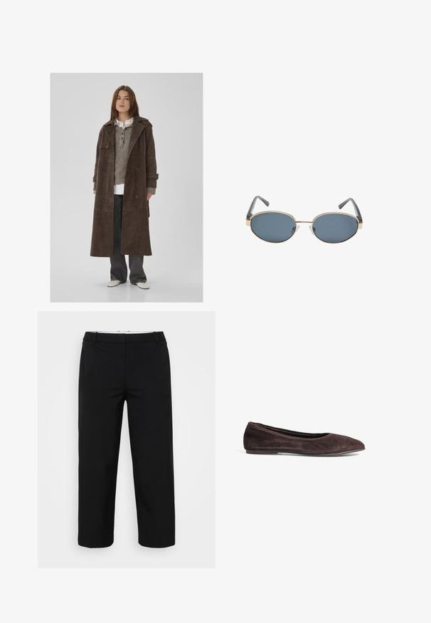 Brown suede double-breasted trench coat with large buttons, shoulder epaulets, and wide sleeves, layered over a gray knit sweater.; White short-sleeve t-shirt made of cotton. Features a crew neckline and a relaxed fit. Smooth texture with no visible patterns or accents.; Black trousers with a straight cut, featuring a smooth texture, two side pockets, and a waistband with loops. No visible fastenings.; Brown suede ballet flat with a pointed toe and low profile. Features smooth texture and minimalistic design. No visible hardware or accents.; Oval sunglasses with dark lenses, gold metal frames, and gray arms. Frames feature a minimal design with a subtle bridge accent.; Dark brown suede handbag with two top handles, a structured shape, and leather accents. Features adjustable drawstring closure and a smooth texture.