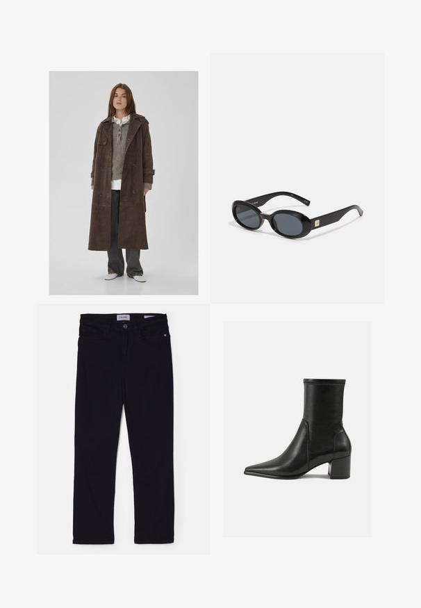 Hnedý semišový dvojradový trenčkot s veľkými gombíkmi, ramennými epauletmi a širokými rukávmi, preložený cez šedý pletený sveter.; Svetlo béžová látka s prehnutým rukávom, vystihujúca hladkú textúru a jemný vzhľad, zdôrazňujúca jej jednoduchosť a eleganciu.; Čierne džínsy z denimu so štíhlym strihom, majú predné gombíkové zapínanie, pútka na opasok a predné vrecká. Mäkký materiál s hladkou textúrou.; Čierne členkové topánky vyrobené z hladkej kože, s špicatou špičkou, blokovým podpätkom a výrazným zvýšeným švom na hornom okraji.; Čierne oválne slnečné okuliare s tmavými sklami, lesklý plastový rám, široké ramená a malý zlatý akcent na jednej strane.