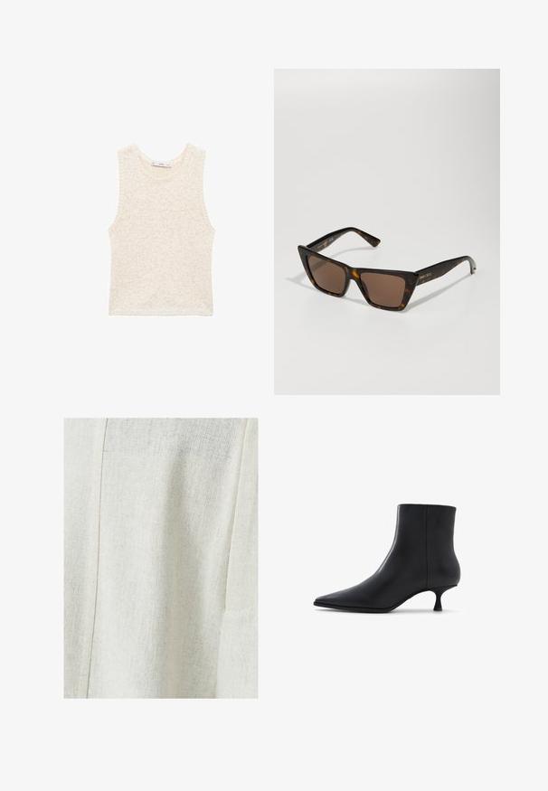 Manteau trench croisé en suède marron avec de grands boutons, épaulettes et manches larges, superposé sur un pull en tricot gris.; Top sans manches en tricot couleur blanc cassé, avec une finition texturée. Encolure ronde et ourlet droit. Détails subtils en marbrures partout.; Tissu en lin beige clair avec un motif texturé, comprenant un détail de couture et une poche latérale. Fini lisse avec un tissage subtil.; ALDO EMMALIE - Bottines - black; Lunettes de soleil en écaille de tortue avec un design géométrique en œil de chat et des verres teintés marron. Comprend des accents en métal doré et une texture en plastique lisse.; DRAGON DIFFUSION ROSANNA - Sac à main - dark brown; Boucles d'oreilles en forme de nœud doré avec un design en spirale, présentant une texture lisse et brillante ainsi qu'une forme arrondie.