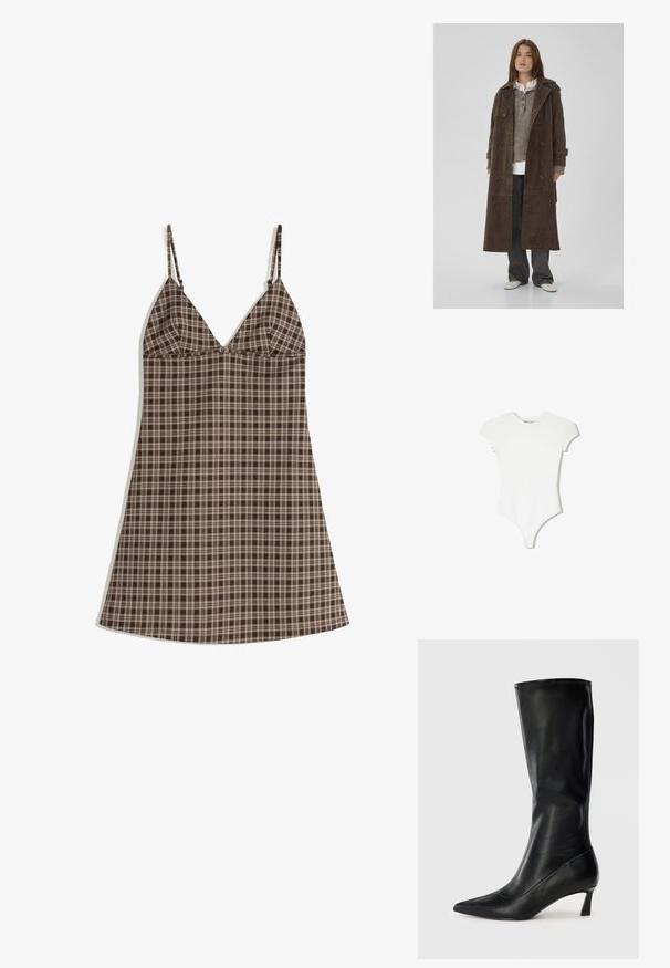 Trench coat dublu din suede maro, cu nasturi mari, epoleti de umăr și mâneci largi, purtat peste un pulover tricotat gri.; Body alb, cu mâneci scurte, confecționat dintr-un material moale și elastic, având un design ajustat, guler rotund și un fund de tip thong.; Rochie în carouri maronii și bej, cu bretele subțiri, având un decolteu în V și o croială lejeră. Confecționată dintr-un material ușor, cu o textură netedă.; Cizmă înaltă din piele neagră, cu vârf ascuțit și un toc modest. Textură netedă și design elegant, cu detalii de coasere subtile.; Geantă de umăr triangulară din piele neagră, cu o singură curea de umăr ajustabilă și o structură moale, ușor lăsată.