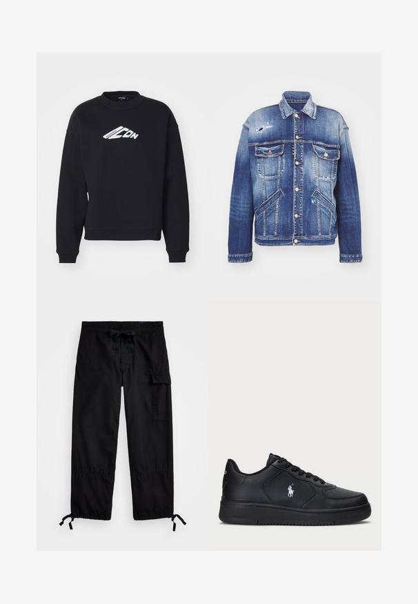 Jeansjakke i forskellige nuancer af blå med struktureret form, slidte detaljer, knaplukning, fire lommer og klassisk krave.; Sort sweatshirt med rund hals, lange ærmer og ribbede manchetter. Har et hvidt trykt tekstgrafik på forsiden og en afslappet pasform.; Sorte cargo bukser med elastisk talje og snoretræk. Har sidelommer og justerbare manchetter med løbegang. Lavet af letvægtsstof.; Sorte lædersneakers med perforeret design, flad snørret lukning og et hvidt broderet logo på siden. Tykk sort gummisål.