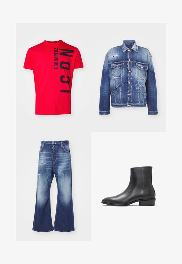 Jeansjacke in verschiedenen Blautönen mit strukturiertem Schnitt, Distress-Details, Knopfverschluss, vier Taschen und klassischem Kragen.; Rotes Baumwoll-T-Shirt mit schwarzem vertikalem "DSQUARED2 ICON"-Text. Kurze Ärmel und ein Rundhalsausschnitt mit glatter Textur.; DSQUARED2 ICON EROS - Jeans Relaxed Fit - navy blue; ALDO PILLOWWALK+FLEX INSIDE ZIP AMUR - Stiefelette - open black