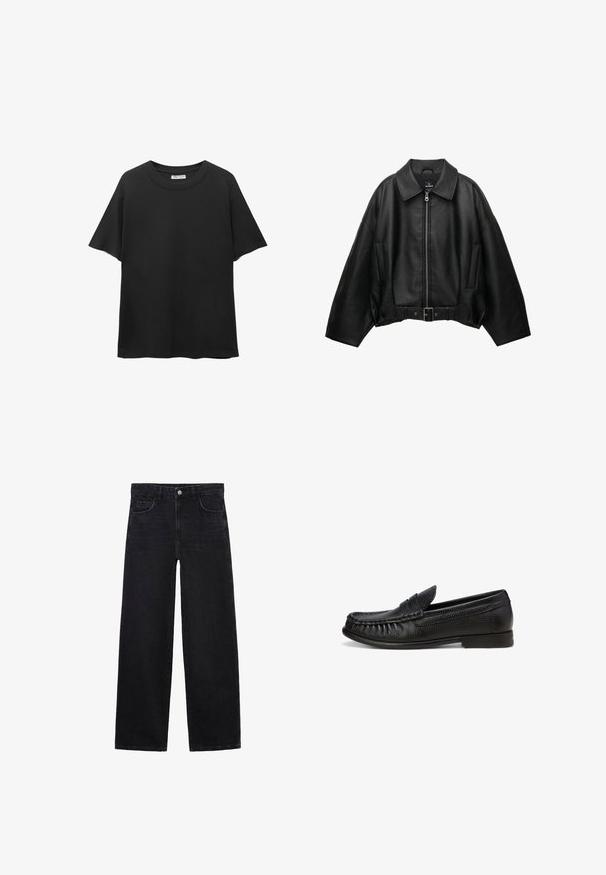 Czarna skórzana kurtka z szerokim kołnierzem, zamkiem błyskawicznym, bocznymi kieszeniami i paskiem w talii. Charakteryzuje się luźnym krojem i fakturowanym materiałem.; Czarny sweter z dekoltem w serek i długim rękawem, dziany, z prążkowanymi mankietami i dołem, położony na płasko na białym tle.; Czarna koszulka wykonana z bawełny, z okrągłym dekoltem, krótkimi rękawami oraz luźnym krojem i gładką fakturą.; Czarne dżinsy o szerokich nogawkach z klasycznym pięciopocketowym designem, zapięciem na guzik z przodu i prostymi nogawkami. Gładka struktura i mocny materiał.; Czarne skórzane loafersy z teksturowanym wykończeniem, zaokrąglonym noskiem i dekoracyjnym przeszyciem z przodu. Niski gumowy obcas zapewniający wygodę.