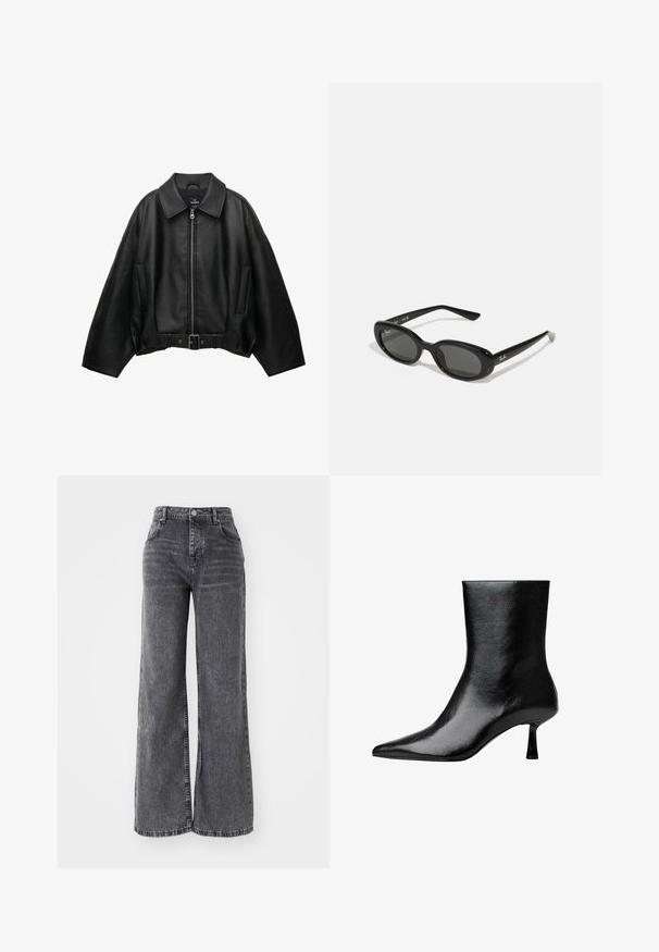Jachetă neagră din piele cu guler larg, închidere cu fermoar, buzunare laterale și talie cu curea. Prezintă o croială lejeră și material texturat.; PULL&BEAR Top - white; Pantaloni din denim gri cu croială largă și talie înaltă, având un stil tradițional cu cinci buzunare și un finisaj ușor decolorat.; Botine negre până la gleznă, fabricate din piele lucioasă, cu vârf ascuțit și toc subțire, având o textură netedă și un design minimal.; Ochelari de soare negri, cu lentile ovale, cadru din plastic lucios și brațe subțiri. Prezentă logo-ul Ray-Ban în alb pe lateral.