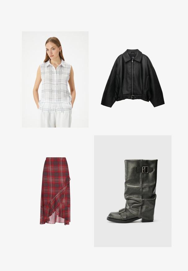 Veste en cuir noire avec un large col, fermeture éclair, poches latérales et taille ceinturée. Caractérisée par une coupe ample et un matériau texturé.; Blouse sans manches à boutons de couleur blanche avec un motif à carreaux gris et lavande ; tissu léger avec un col et des poches latérales.; Jupe à carreaux rouges en tissu léger, présentant un ourlet volanté et un design asymétrique. Comprend des nuances de gris et de blanc dans le motif.; Bottine en simili cuir noir avec une tige drapée, un talon épais et deux boucles métalliques sur le côté pour plus de détail.