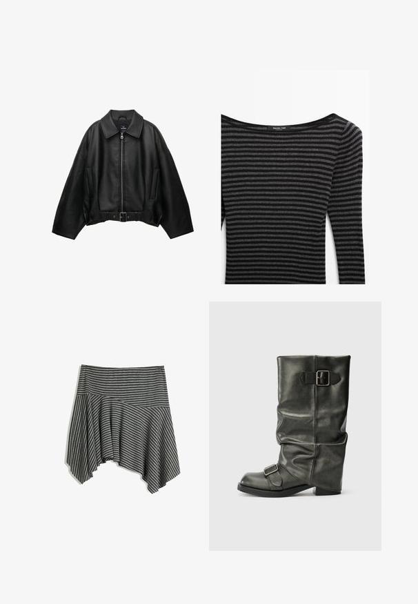 Zwarte lederen jas met een brede kraag, ritssluiting, zijzakken en een tailleband met riem. Heeft een losse pasvorm en een gestructureerd materiaal.; Zwart en grijs gestreepte trui met een geribbelde textuur, voorzien van een wijde halslijn en lange mouwen. Label: Massimo Dutti.; Grijs gestreepte rok met een asymmetrische zoom. Gemaakt van zachte stof, met een fitted tailleband en een vloeiende drape.; Zwarte faux leren enkellaars met een slordige schacht, een chunky hak en twee metalen gespen aan de zijkant voor detail.
