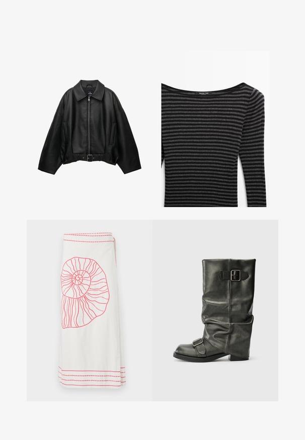 Zwarte lederen jas met een brede kraag, ritssluiting, zijzakken en een tailleband met riem. Heeft een losse pasvorm en een gestructureerd materiaal.; Zwart en grijs gestreepte trui met een geribbelde textuur, voorzien van een wijde halslijn en lange mouwen. Label: Massimo Dutti.; Witte wikkelrok met een groot, roze geborduurd nautilusschelp ontwerp en contrasterende roze horizontale strepen aan de onderkant en taille.; Zwarte faux leren enkellaars met een slordige schacht, een chunky hak en twee metalen gespen aan de zijkant voor detail.