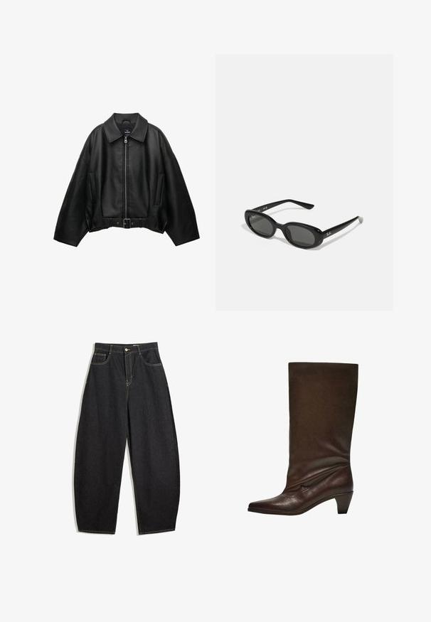 Czarna skórzana kurtka z szerokim kołnierzem, zamkiem błyskawicznym, bocznymi kieszeniami i paskiem w talii. Charakteryzuje się luźnym krojem i fakturowanym materiałem.; Jasnoszara bluzka z długim rękawem o fasonie odsłaniającym ramiona z czarnymi akcentami. Posiada okrągły dekolt oraz kokardkę z tyłu. Materiał z domieszką bawełny.; Czarne dżinsowe spodnie o szerokich nogawkach z wysokim stanem, z żółtym przeszyciem, dwoma przednimi kieszeniami i pojedynczym zapięciem na guzik.; Ciemnobrązowy skórzany botek sięgający do połowy łydki z niskim, zwartego obcasem, spiczastym noskiem i lekko opadającą cholewką na białym tle.; Czarne okulary przeciwsłoneczne z owalnymi soczewkami, błyszcząca plastikowa oprawa i smukłe zauszniki. Posiadają białe logo Ray-Ban po boku.; Czarna skórzana torebka z plecionymi uchwytami, teksturowaną powierzchnią, zamykanym z przodu kieszonką oraz dekoracyjnymi frędzlami. Kompaktowy i wyraźny kształt.