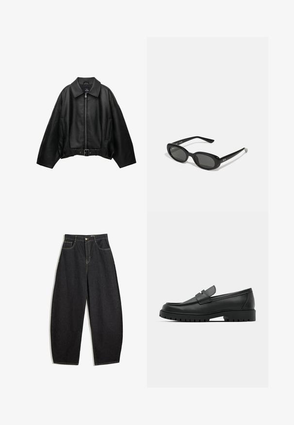 Fekete bőrdzseki széles gallérral, cipzáras záródással, oldalzsebekkel és övvel a deréknál. Laza szabású és texturált anyagból készült.; Világosszürke, hosszú ujjú felső, aszimmetrikus vállrésszel és fekete részletekkel. Kerek nyakú, hátul megkötős részlettel. Pamut keverékből készült.; Fekete denim széles szárú nadrág magas derékkal, sárga varrással, két elülső zsebbel és egyetlen gombos záródással.; Fekete bőr loafer cipők kerek orral, varrott mintázattal, alacsony platformtalpú és texturált, barázdált gumitalppal.; Fekete napszemüveg ovális lencsékkel, fényes műanyag kerettel és karcsú szárakkal. A Ray-Ban logó fehér színben látható az oldalon.; Fekete bőr kézitáska fonott fogantyúkkal, texturált felszínnel, cipzáras elülső zsebével és dekoratív rojtos díszítéssel. Kompakt és strukturált forma.