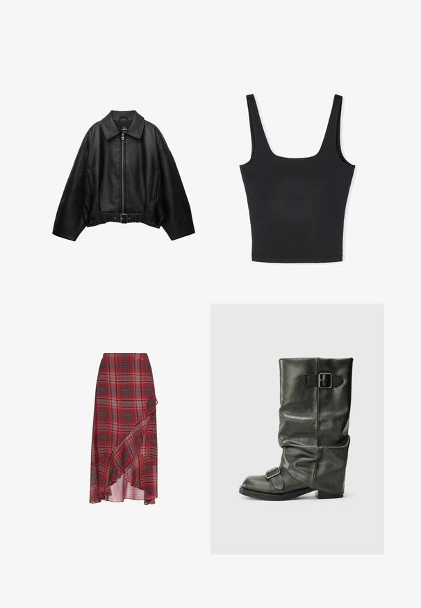 Veste en cuir noire avec un large col, fermeture éclair, poches latérales et taille ceinturée. Caractérisée par une coupe ample et un matériau texturé.; Débardeur noir à larges bretelles, décolleté carré et coupe ajustée. Fabriqué en tissu lisse avec une finition sans coutures pour un rendu épuré.; Jupe à carreaux rouges en tissu léger, présentant un ourlet volanté et un design asymétrique. Comprend des nuances de gris et de blanc dans le motif.; Bottine en simili cuir noir avec une tige drapée, un talon épais et deux boucles métalliques sur le côté pour plus de détail.