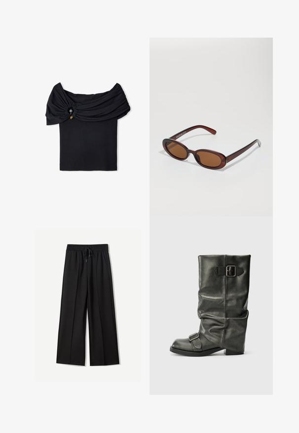 Czarna skórzana kurtka z szerokim kołnierzem, zamkiem błyskawicznym, bocznymi kieszeniami i paskiem w talii. Charakteryzuje się luźnym krojem i fakturowanym materiałem.; Czarny top typu off-the-shoulder z teksturowanym materiałem, zebrana sekcja i dekoracyjny detal w postaci guzika. Gładki, dopasowany krój.; Czarne spodnie szerokie w nogawkach, wykonane z miękkiego materiału. Posiadają elastyczny pas z możliwością regulacji oraz dwie boczne kieszenie. Gładki przód z zakładkami.; Czarne botki z sztucznej skóry do kostek z luźnym cholewką, masywnym obcasem i dwoma metalowymi klamrami po bokach dla dekoracji.; Okrągłe, brązowe okulary przeciwsłoneczne z błyszczącą bordową oprawą. Cienkie ramiona z subtelnym detalem marki. Płaski kształt soczewek.
