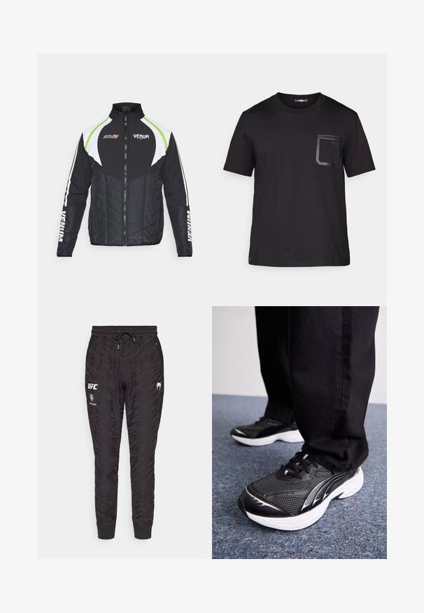 Svart vadderad jacka med hög krage, prydd med vita och limegröna detaljer, en framsida med dragkedja och VENUM-logga på ärmarna och bröstet.; Svart kortärmad t-shirt i bomull med en subtil struktur. Har en framficka med en rektangulär design och logodetalj.; Svarta joggingbyxor med ett texturerat mönster, elastisk midja med dragsko, och logotypdetaljer på framsidan. Mudd vid anklarna.; Svarta sportskor med nätmaterial, vit sula och svarta detaljer. Sula med textur. Bärs med svarta byxor på en blåmatta.